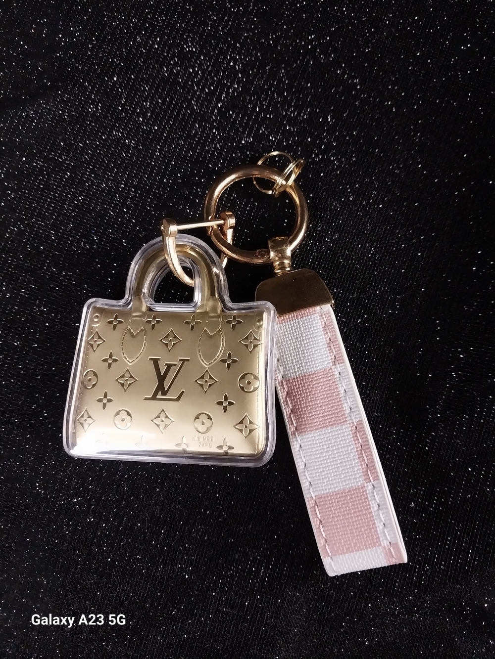 New 24K Gold Foil Mini Bag Charm Keychain with Pink Plaid Strap 999 20mg Gold